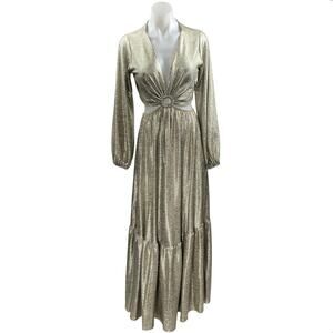 Vici Gold Metallic Cutout Plunge V-neck Long Sleeve Maxi A-line Gown Dress Sz L